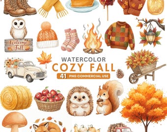 Watercolor Fall Clipart, Cozy Fall PNG Bundle, Autumn Pumpkin, Thanksgiving, Autumn Flowers, Fall Truck, Scrapbooking, Watercolor Autumn PNG