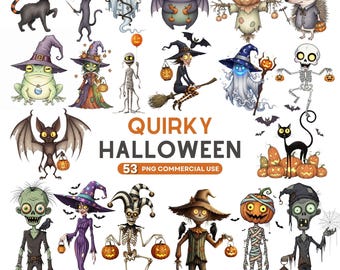 May include: A collection of whimsical Halloween-themed illustrations. The images feature various characters like cats with pumpkin heads, witches, bats, scarecrows, and zombies. The phrase "Quirky Halloween" is displayed with "53 PNG Commercial Use" text.
