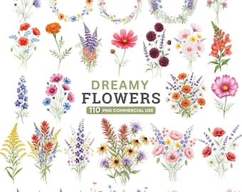 May include: Watercolor illustrations of various flowers, including poppies, cosmos, and lavender, arranged in bouquets and wreaths. The text "Dreamy Flowers" and "110 PNG Commercial Use" are also present. The image features a variety of colors.