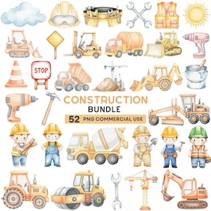 Pode incluir: Ilustração em aquarela de elementos com tema de construção. Inclui veículos de construção, ferramentas, equipamentos de segurança e ilustrações de trabalhadores da construção. O texto "CONSTRUCTION BUNDLE" e "52 PNG COMMERCIAL USE" também estão presentes.