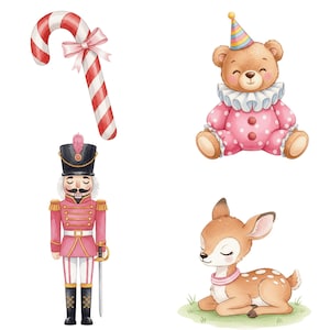 Pink Nutcracker watercolor clipart featuring classic ballet and Christmas elements, ideal for DIY crafts, holiday printables, and sublimation projects.