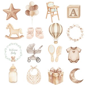 2. Boho Baby Clipart Set, Neutral Teddy Bear Clipart, Watercolor Hot Air Balloon PNG, Gender Neutral Nursery, Baby Shower Art