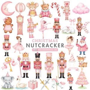 May include: A collection of watercolor illustrations featuring Christmas-themed characters and objects. The images include nutcrackers, a ballerina, a gingerbread person, a clock, a teddy bear, a mouse, a deer, a swan, and a Christmas tree, all in shades of pink.