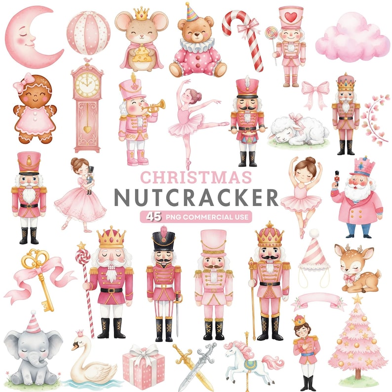 Pink Christmas Nutcracker Clipart featuring a cute watercolor ballerina Nutcracker in pastel pink tones, perfect for holiday crafts and digital designs.