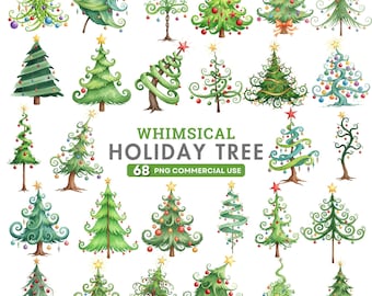 Skurrile Weihnachtsbaum Clipart, Aquarell Baum Png, schrullige Urlaub Baum Illustrationen, Festliche Weihnachten Clipart Bundle, Kommerzielle Nutzung Png