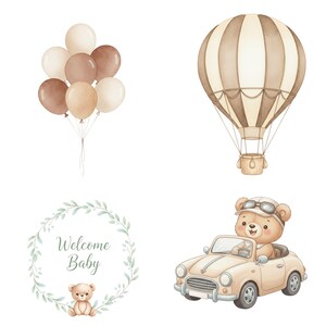 8. Boho Baby Shower Clipart, Neutral Teddy Bear and Hot Air Balloon, Gender Neutral Nursery PNG, Watercolor Baby Animals