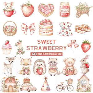 Imágenes prediseñadas de fresa, imágenes prediseñadas de primer cumpleaños con bayas, imágenes prediseñadas de baby shower en acuarela, gráficos de fiesta dulce, imágenes prediseñadas de lazo de fresa, imágenes prediseñadas de fruta