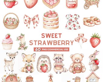 Clipart de fresa, primer cumpleaños con bayas, fresa dulce PNG, clipart de baby shower, decoración de fiesta de fresa, margarita con lazo rosa coqueta PNG