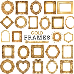 Könnte beinhalten: Eine Sammlung verschiedener goldener Rahmen in unterschiedlichen Formen, darunter ovale, quadratische, rechteckige, sechseckige und herzförmige Designs mit verzierten Details. Der Text GOLD FRAMES 58 PNG COMMERCIAL USE ist mittig platziert.