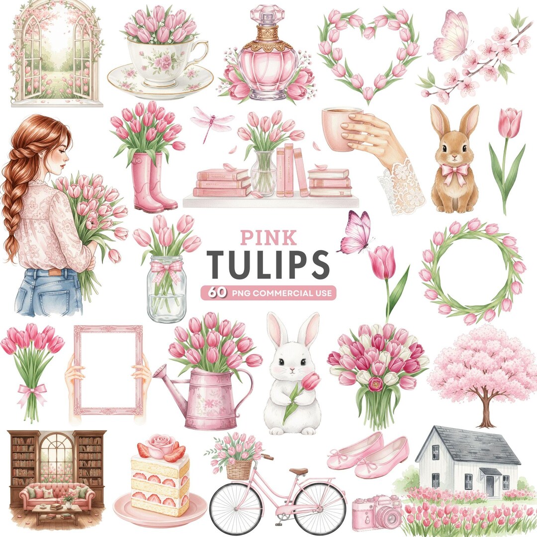 Pink Tulip Clipart, Watercolor Tulips PNG, Spring Floral Clipart, Tulip ...