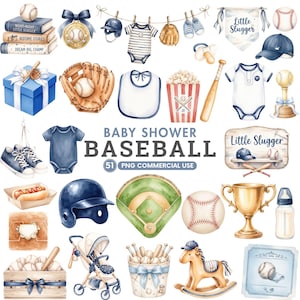Peut inclure: Une collection d'illustrations à l'aquarelle sur le thème du baseball comprenant une pile de livres, une boîte cadeau bleue, un gant de baseball, un body, un seau à pop-corn, un trophée, un biberon, une poussette, un cheval à bascule et un terrain.
