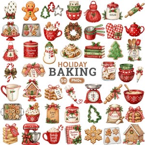 Può includere: Una collezione di 50 illustrazioni digitali raffiguranti articoli da forno natalizi, tra cui biscotti di pan di zenzero, ciotole rosse e verdi, un barattolo di zucchero, mattarelli, una planetaria rossa, formine per biscotti e grembiuli festivi.