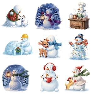 Whimsical snowman PNG illustration with winter accessories and watercolor texture for digital art.