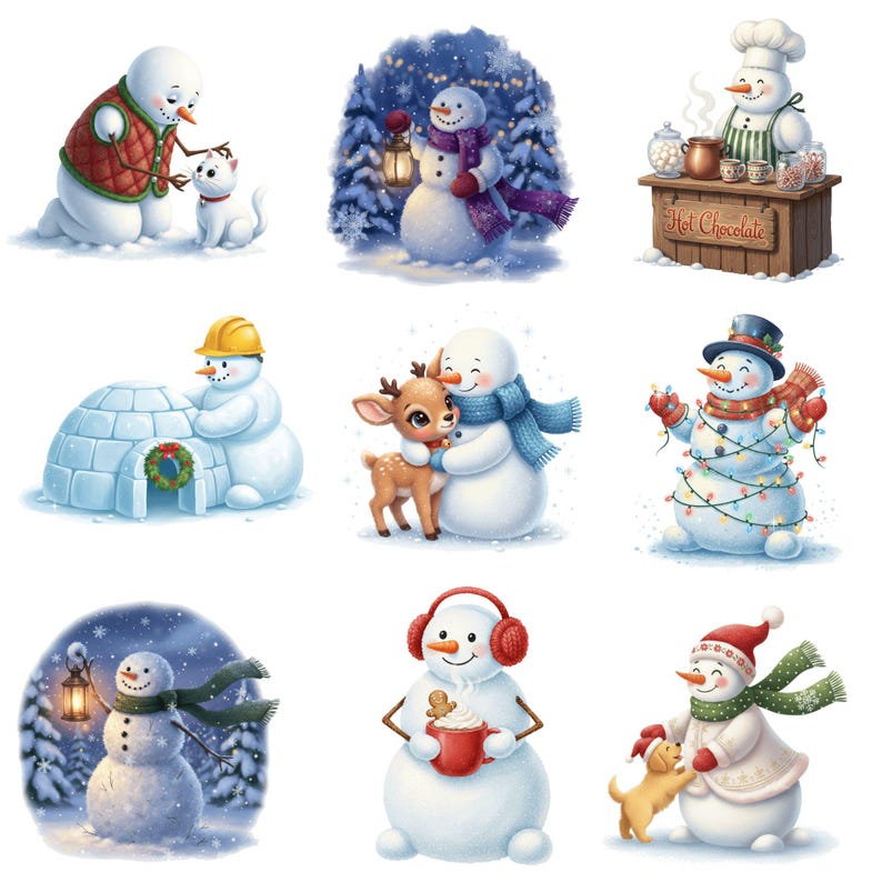 Whimsical snowman PNG illustration with winter accessories and watercolor texture for digital art.