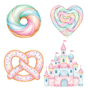 Watercolor dessert clipart set with pastel tones, featuring candy, cupcake, macaron, and cotton candy for party designs or scrapbooking