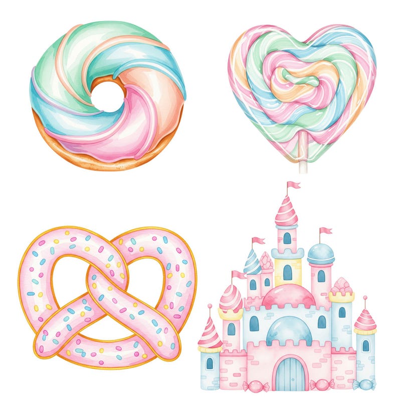 Watercolor dessert clipart set with pastel tones, featuring candy, cupcake, macaron, and cotton candy for party designs or scrapbooking