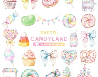 May include: A collection of watercolor illustrations featuring various sweets and treats. Includes cupcakes, donuts, candy, bows, a candy cart, and a castle. The text "PASTEL CANDYLAND" is displayed in the center, with "40 PNG COMMERCIAL USE" below.