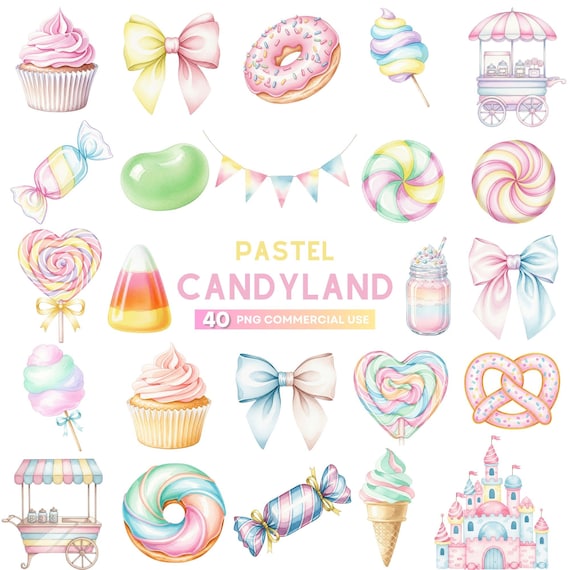 Pastel Candy Land Clipart, Dessert Clipart, Lollipop Clipart, Ice Cream Clipart, Cupcake Clipart, Donut Macaron Clipart, Candy PNG