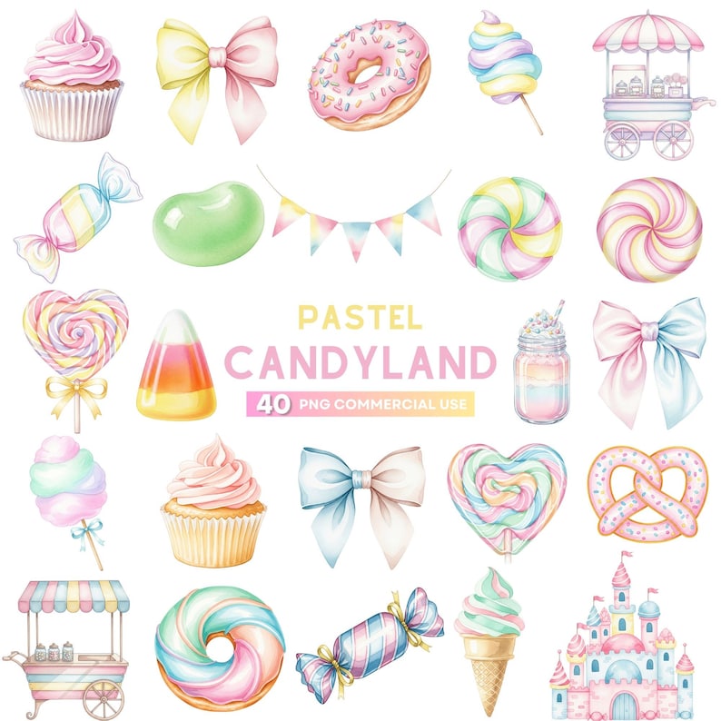 Watercolor Candyland clipart featuring pastel cotton candy, cupcakes, macarons, and lollipops in a soft hand-painted dessert theme