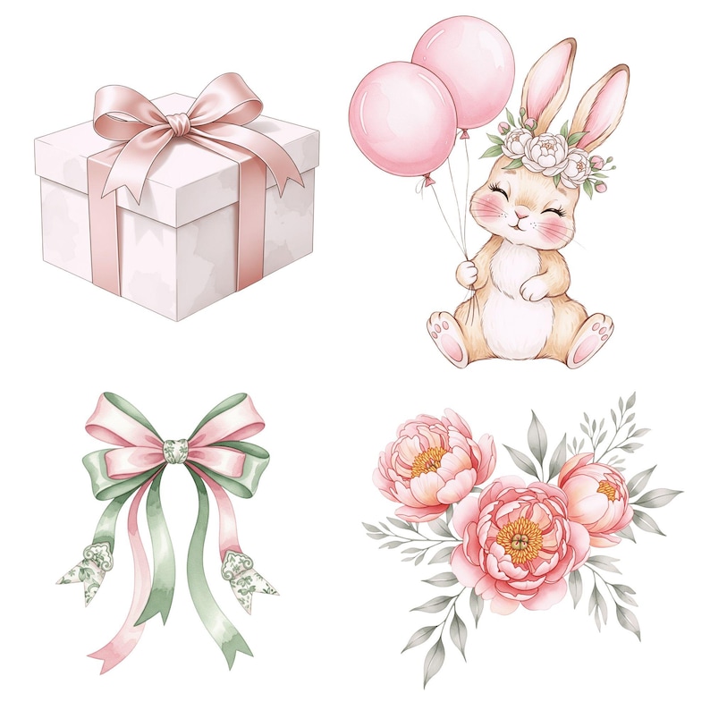 Pastel pink bunny watercolor illustration, perfect for first birthday invitations, girl nursery art, and digital download crafts.