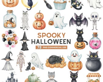 Cute Halloween Clipart, Spooky Ghost PNG, Watercolor Pumpkin Clipart, Pastel Halloween Graphics, Witch Hat Clipart, Cliparts Commercial Use
