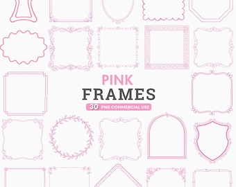 Może przedstawiać: Zbiór różowych wzorów ramek w różnych kształtach, w tym kwadraty, owale i ozdobne obramowania. Tekst "PINK FRAMES" jest wyświetlany na środku, z napisem "30 PNG COMMERCIAL USE" poniżej. Ramki są obrysowane w delikatnym różowym odcieniu.