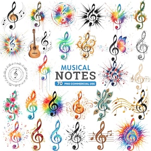 May include: A collection of watercolor musical notes in various styles and colors. The image includes treble clefs, musical staffs, and decorative elements. Text reads "MUSICAL NOTES" and "70 PNG COMMERCIAL USE".