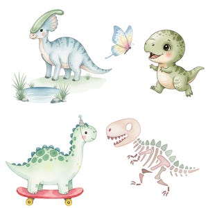 Hand-painted baby dinosaur clip art with T-Rex and triceratops designs for dino nursery themes and party printables.