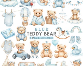 Puede incluir: Ilustraciones en acuarela de osos de peluche en varias poses y escenarios, incluyendo un avión, un globo aerostático y un coche. Los osos son de color azul y beige, con accesorios como una luna, nubes y un caballito balancín. Texto: "BLUE TEDDY BEAR".