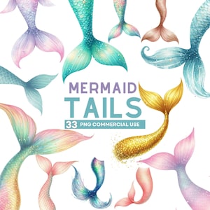Mermaid Tail Clipart, Glitter Mermaid Clipart, Watercolor Mermaid Tails Png, Under The Sea Clipart, Ocean Party Decor, Instant Download PNG