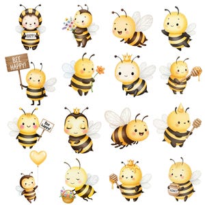Adorable hand-painted honey bee clipart with floral accents, ideal for spring crafts, invitations, and printable projects.