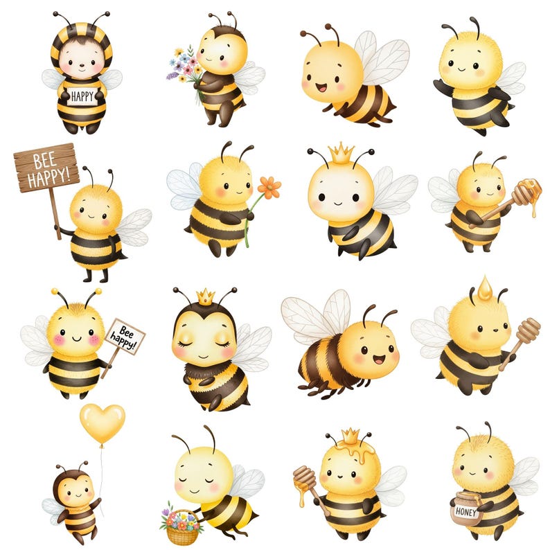 Adorable hand-painted honey bee clipart with floral accents, ideal for spring crafts, invitations, and printable projects.