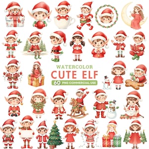 Set de imágenes prediseñadas de elfos navideños, elfos navideños en acuarela PNG, adorables ilustraciones de ayudantes de Santa Claus, ilustraciones festivas de elfos, paquete de sublimación navideña infantil