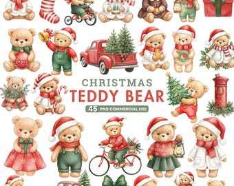 May include: A collection of watercolor illustrations featuring Christmas teddy bears. The bears are depicted in various festive scenes, wearing Santa hats, scarves, and holiday attire. Some bears are riding bikes, carrying gifts, or decorating Christmas trees. The image includes the text "Christmas Teddy Bear".