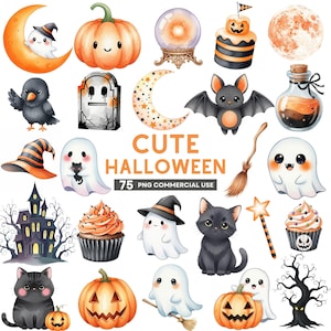 Cute Halloween Clipart, Pastel Ghost PNG, Cute Pumpkin Png, Black Cat Bow, Cauldron PNG, Bat PNG, Girly Halloween, Cliparts Commercial Use