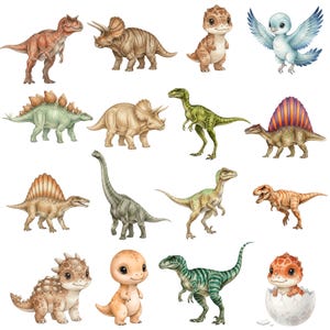 Cute yet realistic baby dinosaur watercolor clipart, perfect for baby shower invitations, wall art, and printable projects.