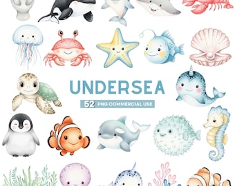 Lindo clipart submarino, animales marinos en acuarela PNG, lindo clipart de vida marina, pez ballena y caballito de mar, clipart de baby shower, decoración oceánica para guardería