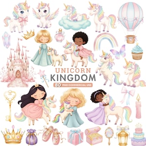 Akwarelowy jednorożec i księżniczka, clipart, Królestwo jednorożców PNG, tęczowy jednorożec PNG, bajkowy zamek PNG, pastelowy baby shower, użytek komercyjny