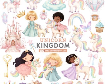 Unicornio y princesa en acuarela, Reino de unicornios (Png), Unicornio arcoíris (Png), Castillo de cuento de hadas (Png), Baby Shower pastel, Uso comercial
