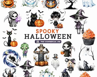 Cute Halloween Clipart, Watercolor Ghost PNG, Pumpkin Clipart, Spooky Halloween PNG, Kawaii Halloween PNG, Spooky Cute Art, Commercial Use