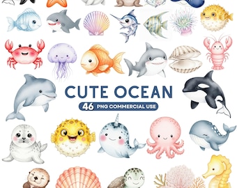 Clipart animaux marins mignons, aquarelle sous la mer Png, clipart vie marine, baby shower, baleine Png, poulpe, tortue méduse usage Commercial