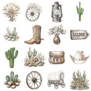 Cute cowboy PNG with watercolor hat, lasso, and cactus, in soft beige, brown, and green tones for country or ranch-themed designs.