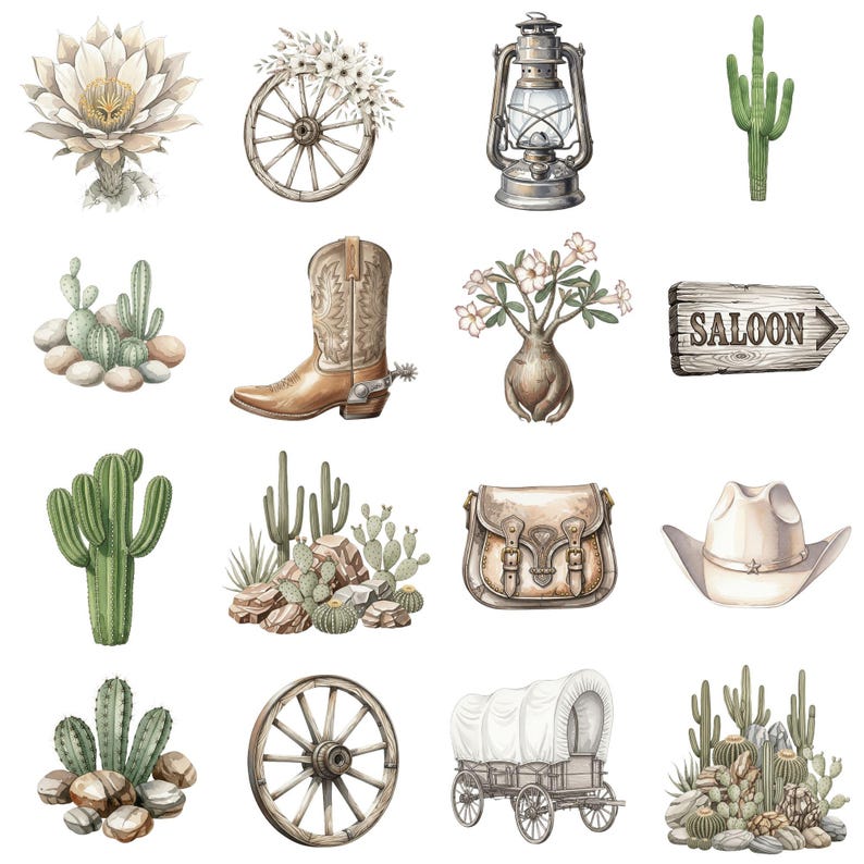 Cute cowboy PNG with watercolor hat, lasso, and cactus, in soft beige, brown, and green tones for country or ranch-themed designs.