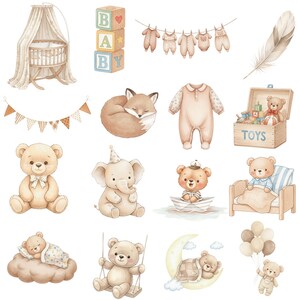 6. Neutral Teddy Bear Clipart, Boho Baby Shower PNG, Hot Air Balloon, Watercolor Baby Animals, Gender Neutral Nursery Art