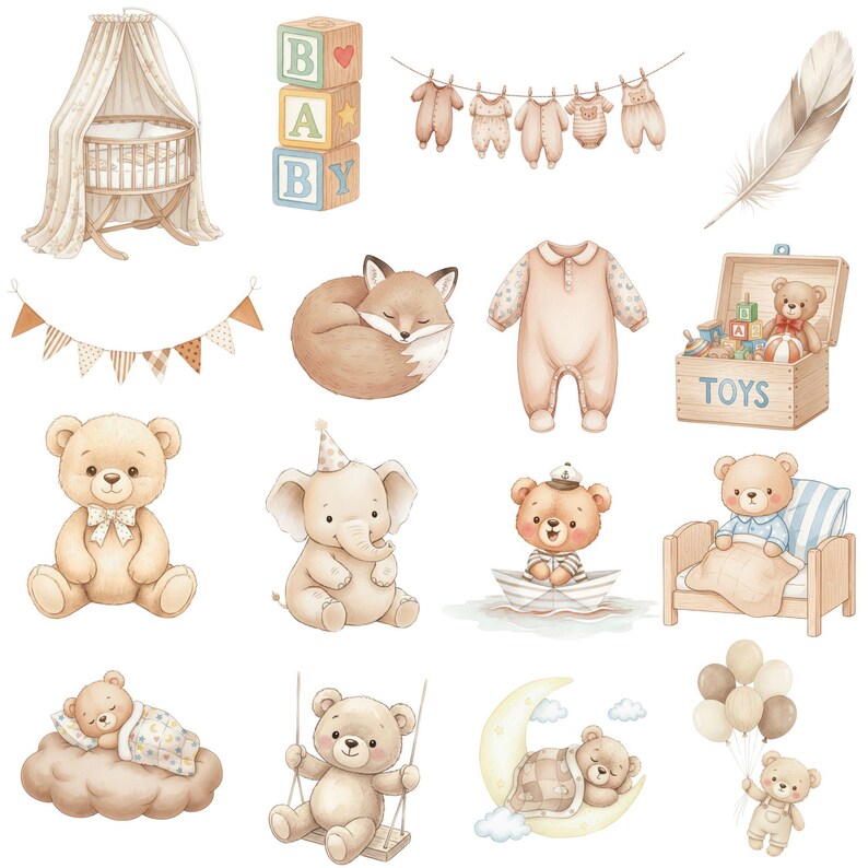 6. Neutral Teddy Bear Clipart, Boho Baby Shower PNG, Hot Air Balloon, Watercolor Baby Animals, Gender Neutral Nursery Art