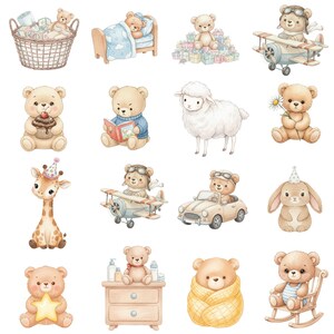 7. Watercolor Boho Baby Clipart, Neutral Teddy Bear PNG, Hot Air Balloon, Gender Neutral Baby Shower, Beige Nursery Decor