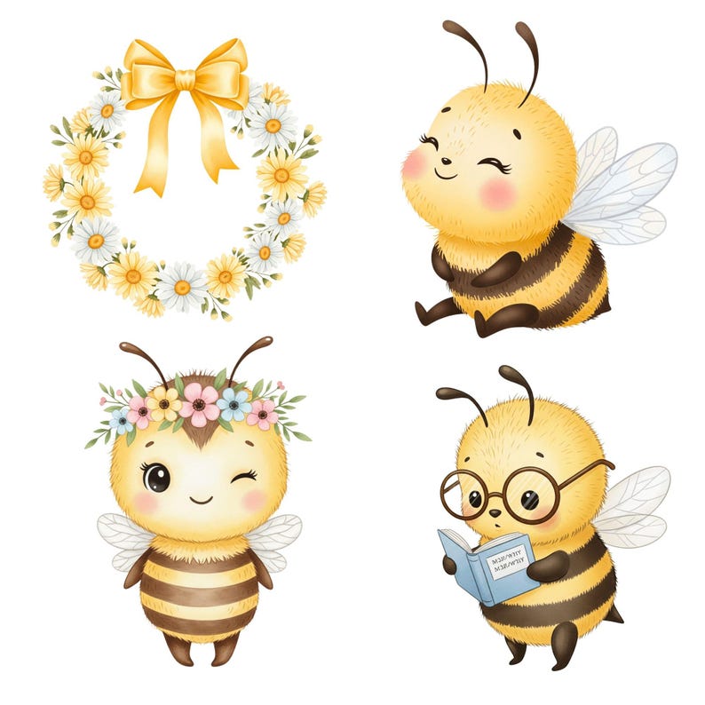 Charming honey bee PNG in whimsical watercolor style, suitable for sublimation projects and printable wall art.