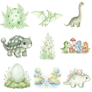 Adorable watercolor dinosaurs PNG bundle for birthday invitations, cake toppers, and baby shower thank-you cards.