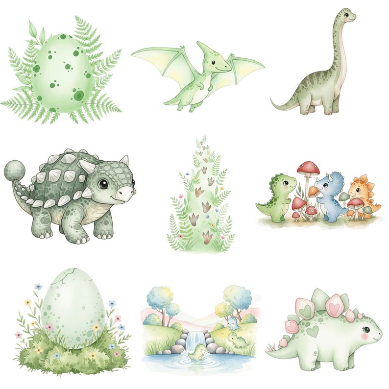 Adorable watercolor dinosaurs PNG bundle for birthday invitations, cake toppers, and baby shower thank-you cards.
