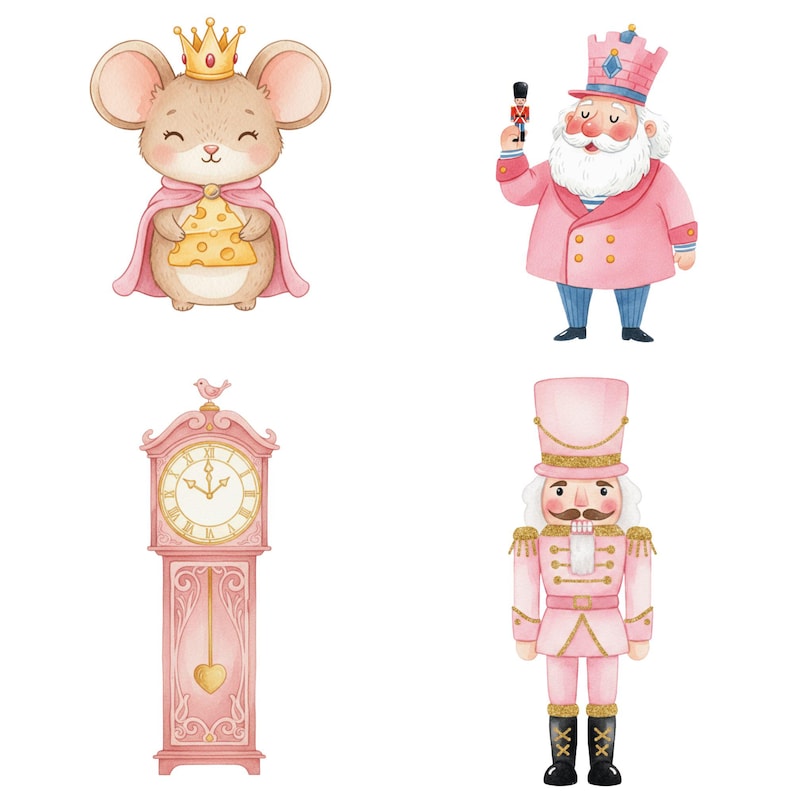 Whimsical Nutcracker clipart in soft pinks, including ballerina, Mouse King, and Sugar Plum Fairy, perfect for Christmas bundles and festive artwork.